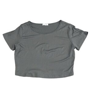 Women’s Gray Ribbed Knit Cropped Crop Top Short Sleeve Stretch T-Shirt Large